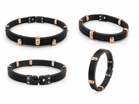 Black Textured Rubber & Rose Gold Plated Bracelet