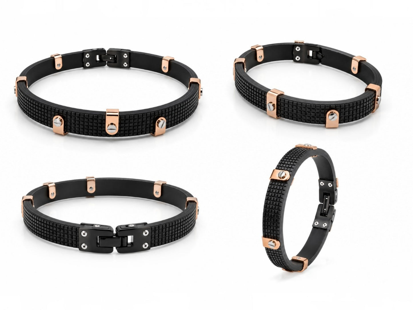Black Textured Rubber & Rose Gold Plated Bracelet