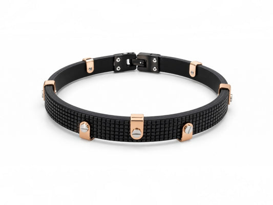 Black Textured Rubber & Rose Gold Plated Bracelet