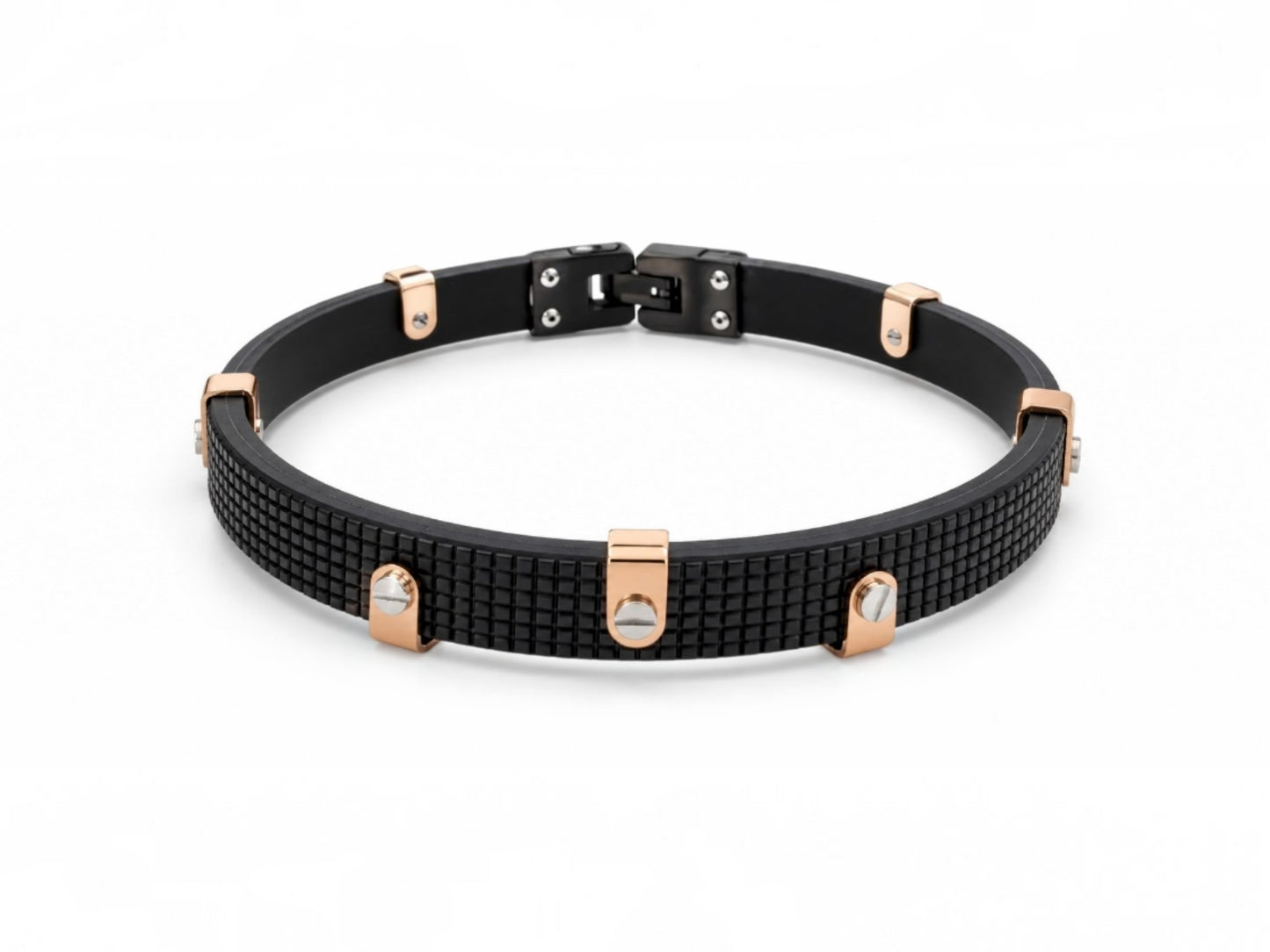 Black Textured Rubber & Rose Gold Plated Bracelet