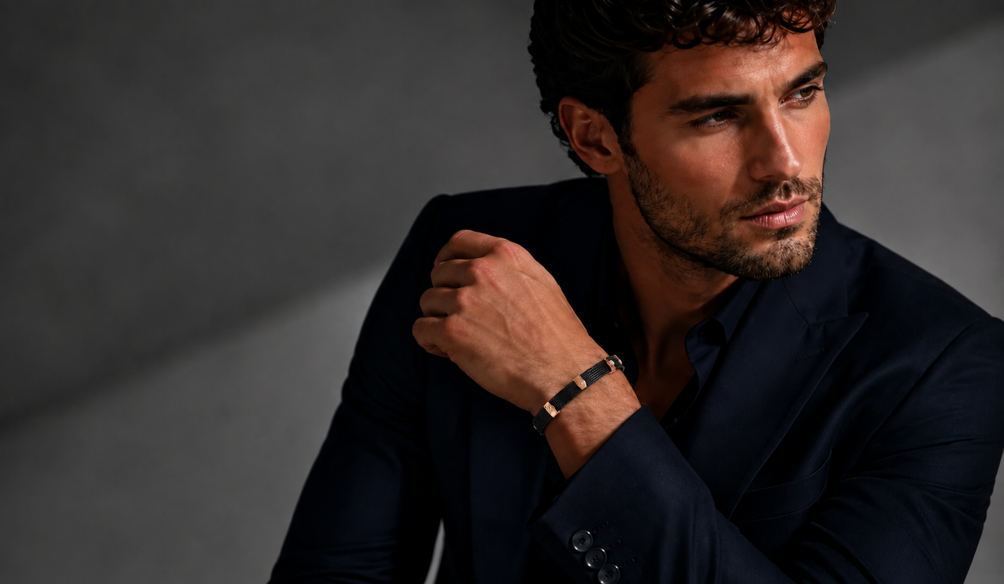Black Textured Rubber & Rose Gold Plated Bracelet